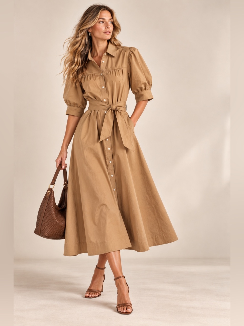 Vineyard Vines Camel Puff Sleeve Tie Waist Button Front Midi Shirt Dress